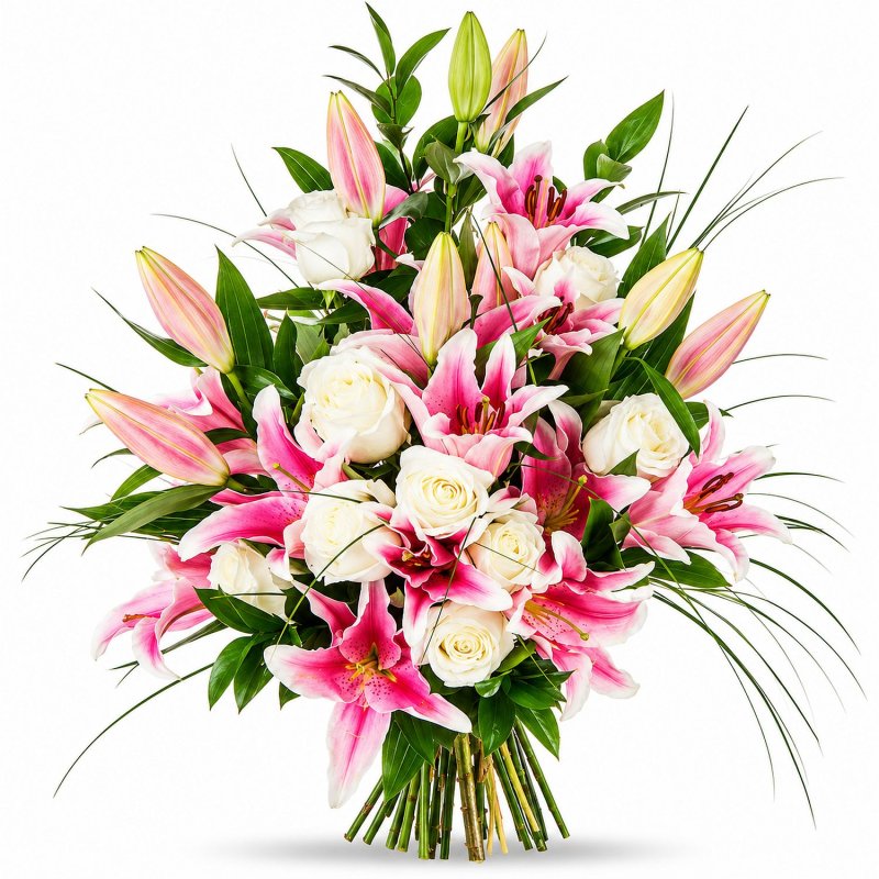 Rosa Lilien und weiße Rosen